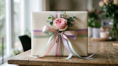 Elegant gift box wrapped in cream paper with rose and ribbons