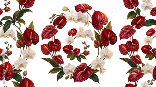 Tropical floral pattern with red anthurium and white orchid wreaths
