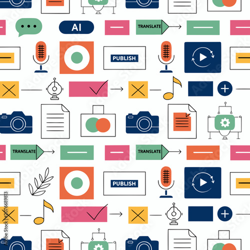 Seamless pattern of various media technology and communication icons with technology, communicatio