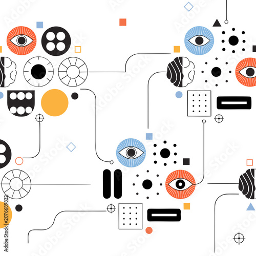 Abstract connectivity concept illustration with geometric shapes and eye symbols, connectivity