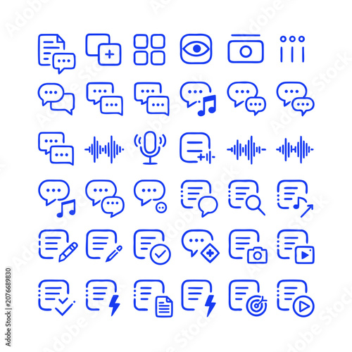 Collection of blue linear outline icons for digital document management with document, messaging