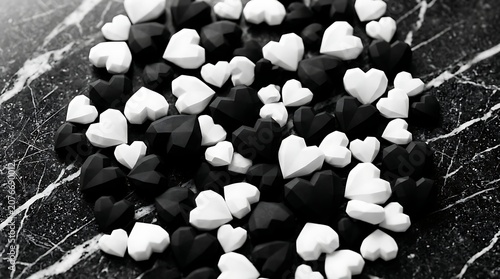 Black and white faceted hearts on dark marble background