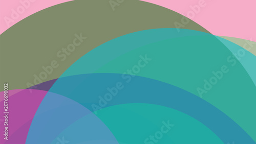 Abstract background, with overlapping curved, shapes in shades, of pink, green, teal, and blue, for artistic projects
