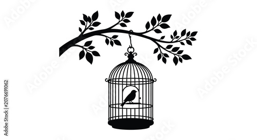 Photos Birdcage With Branch And Bird Black Silhouette
