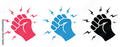 Bild auf Leinwand Fist hitting outline, knocking fist icon set in red, blue, and black variations, human hand performing a knocking gesture with impact lines for notification and interaction