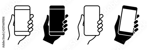 Set of icons of a hand holding a smartphone in different styles
