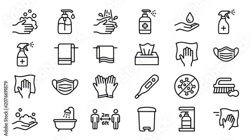 Tableau sur toile Hygiene and sanitation safety protocol line icon collection.