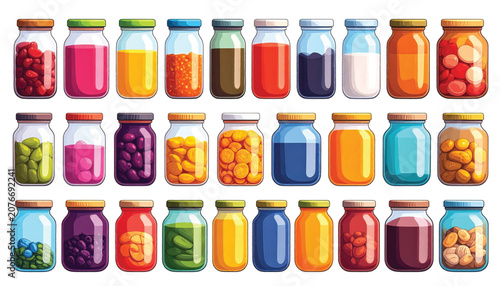 Colorful jars of food and drink.