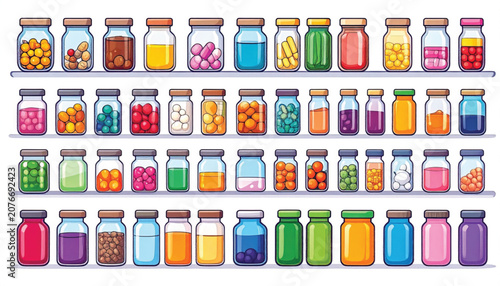 Colorful jars of food on shelves.