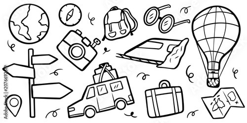 Travel and adventure road trip doodle element set