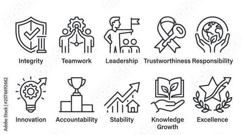 Foto Labeled business and corporate values icons.