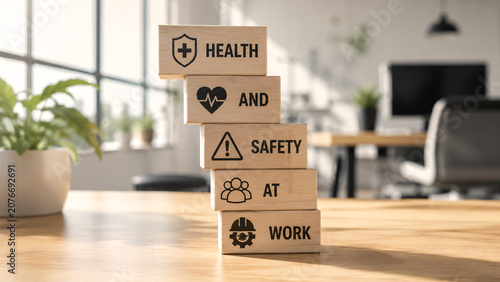 Wooden blocks stacked with text Health and Safety at Work and related protective icons on a sunny office desk background. Corporate workplace welfare, compliance, and employee protection concept.