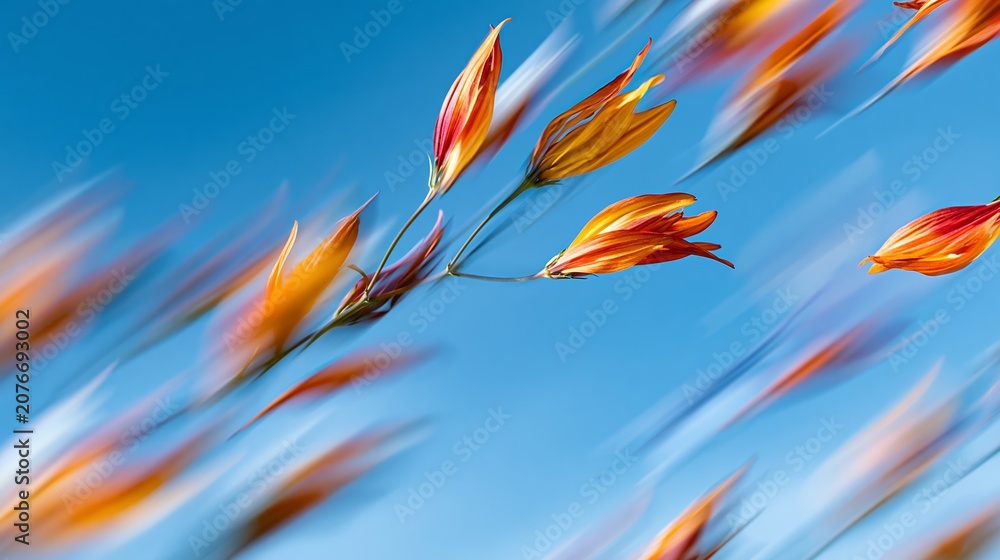 Fototapeta premium Orange and red flower buds creating abstract dynamic streaks against a soft blue sky, symbolizing movement, energy, and blooming nature