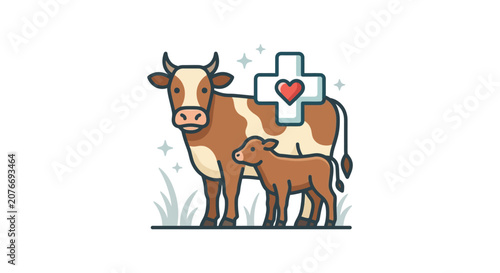 Brown cow and calf standing together.