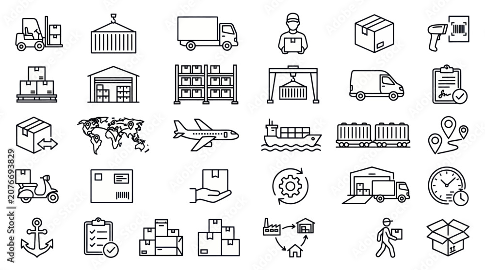 Fototapeta premium Logistics shipping and warehouse service icon set.