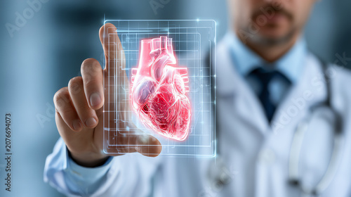A doctor analyzing a 3D heart model using advanced technology for medical examination and research.