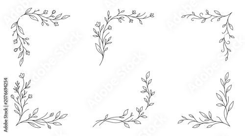 Set of hand drawn floral corner borders