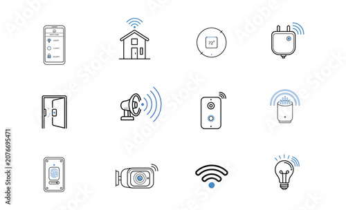 Smart Home Devices Outline Icon Set pack - Hub, Door Lock, Thermostat, Camera and Home Automation Symbols Vector Collection