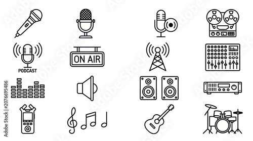 Foto Music industry and broadcasting audio equipment outline icons.