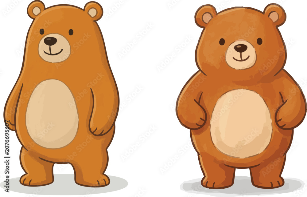 Fototapeta premium Two brown bears stand side by side in a cartoon illustration.