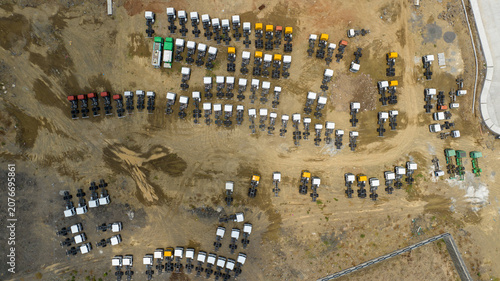 Photography Truck parking yard aerial drone view at logistics facility
Commercial truck park