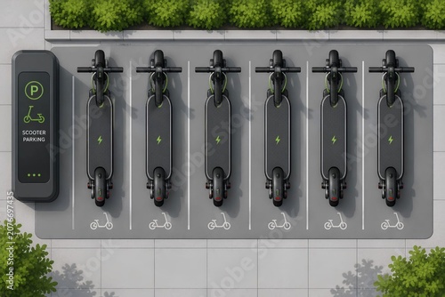 A top-down aerial view of a fleet of docked electric scooters neatly parked at a smart charging station in a modern urban environment. The organized micromobility hub.