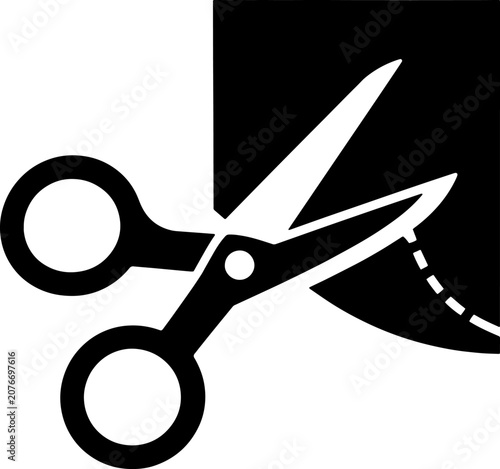 Black silhouette of scissors cutting paper with dashed line path graphic illustration