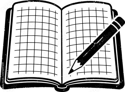 Black and white hand drawn style open notebook with grid paper and pencil vector