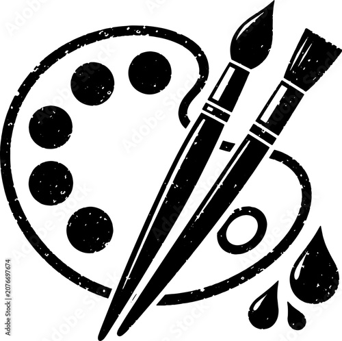 Artist palette and paint brushes icon with distressed grunge texture silhouette