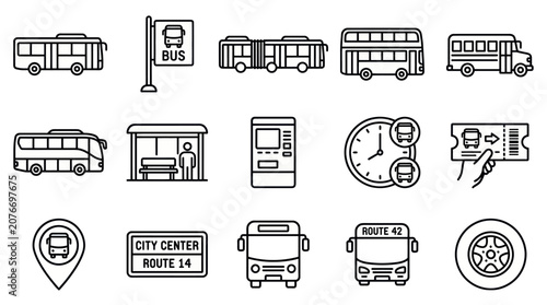 Bild auf Leinwand Public transportation and bus service line icons set