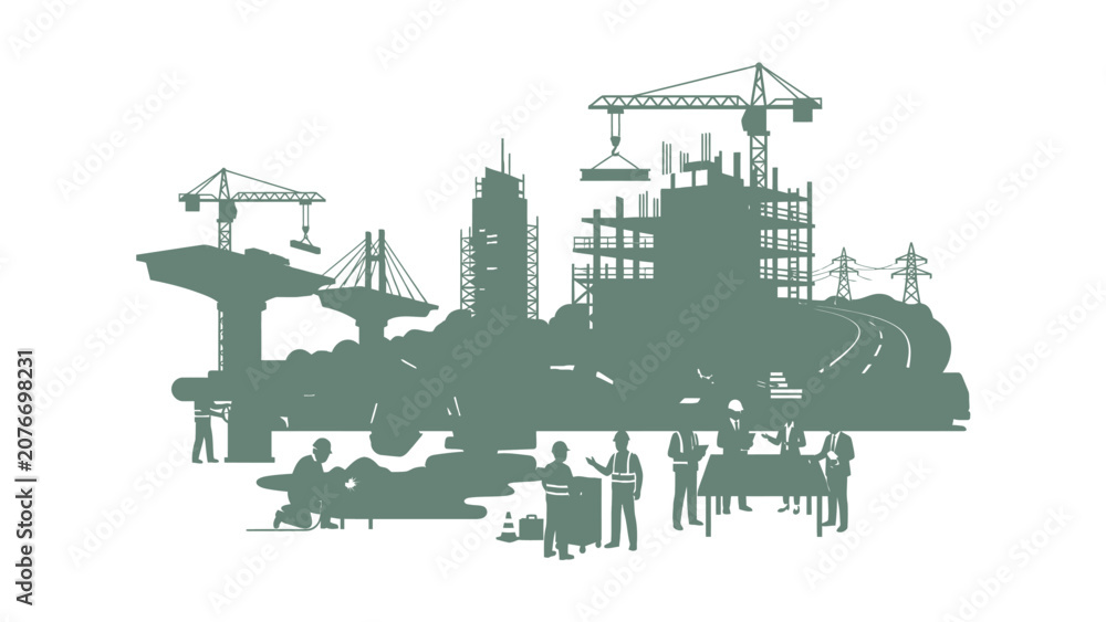 Obraz premium Construction Site Silhouette with Cranes, Buildings, and Engineers Planning Project