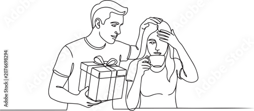 Schilderij op canvas Man surprising a woman with a gift box in a continuous line drawing style