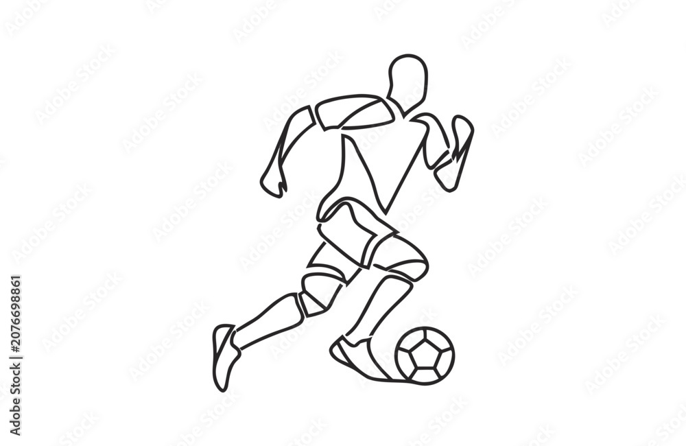 Fototapeta premium Soccer player running with ball in minimalist single line drawing style on white background