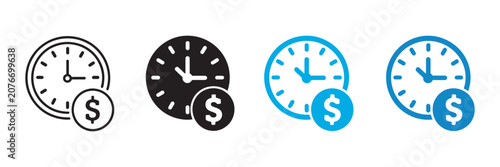 time is money icon collection featuring analog clocks with dollar signs representing financial concepts, productivity and business time management strategies