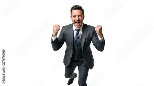 Ecstatic businessman celebrating success with raised fists on transparent background