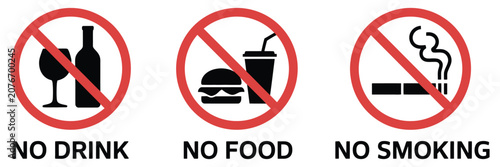 Foto No eating drinking and smoking vector sign with prohibition symbol, safety warning, facility regulation, public restriction notice, and compliance graphic