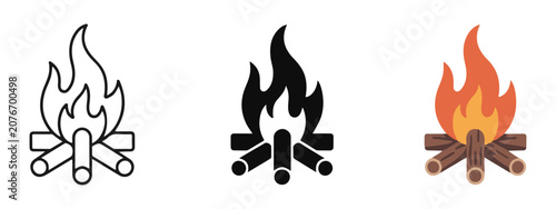 Fotografía Set of campfire icons with logs in outline solid and colorful styles for camping or wilderness design
