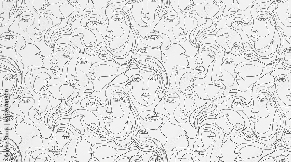 Fototapeta premium Abstract seamless pattern with many overlapping human faces drawn in a simple line art style