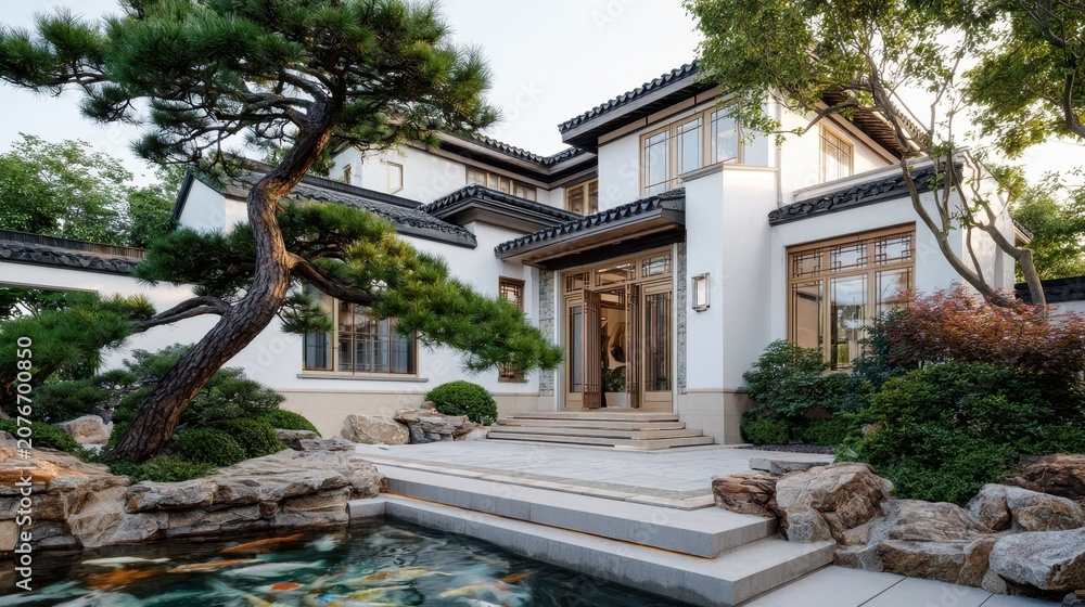 Fototapeta premium Elegant Chinese-style villa with koi pond and mature pine tree