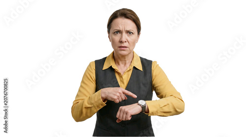 Impatient businesswoman pointing at wristwatch showing time on transparent background