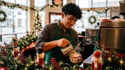 Barista making latte art in a coffee shop decorated for Christmas holidays