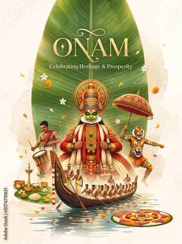 Vibrant onam festival celebration with traditional boat decorated idol dancers musicians floral arrangements and festive decorations in kerala