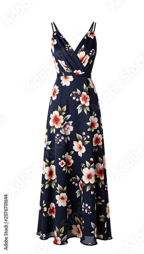Headless female model wearing floral evening dres