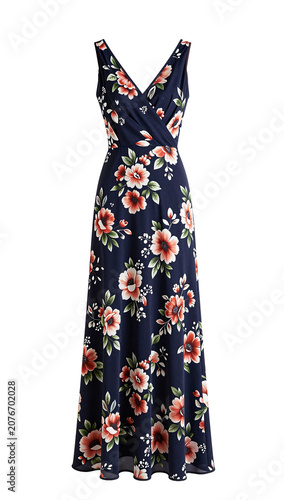 Headless female model wearing floral evening dres