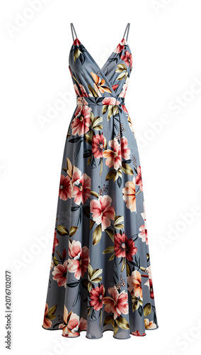 Headless female model wearing floral evening dres