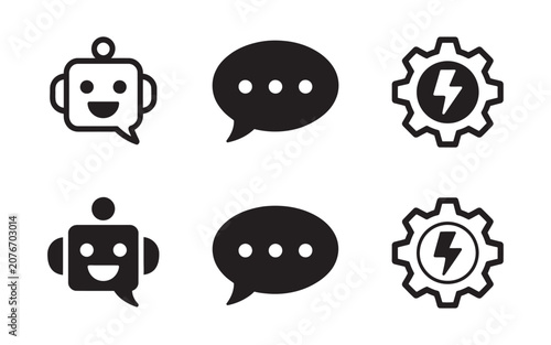 robot and chat bubble icon set with gear symbol for AI assistant, automation, chatbot and intelligent communication vector illustration