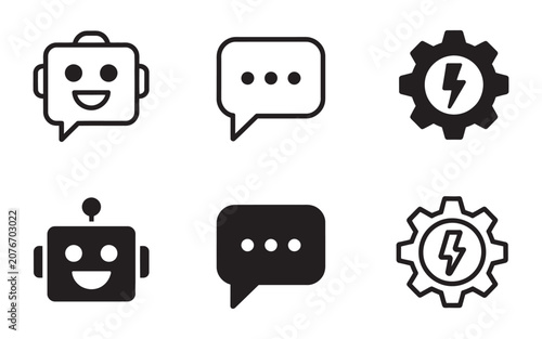 AI robot and chat bubble icons featuring gear symbols for chatbot, artificial intelligence, automation and digital communication concepts