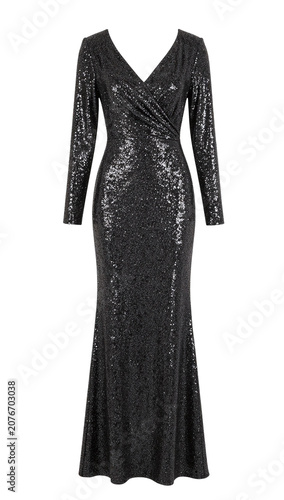 Headless female model wearing glitter evening attire 