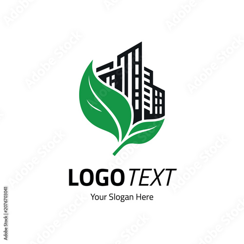 Eco city buildings logo with green leaves symbol for sustainable urban development
