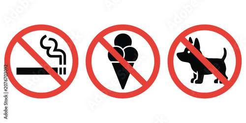 Photos No smoking no eating and no dogs prohibition icons featuring red restricted circles, public safety warnings, facility regulations, and vector illustration
